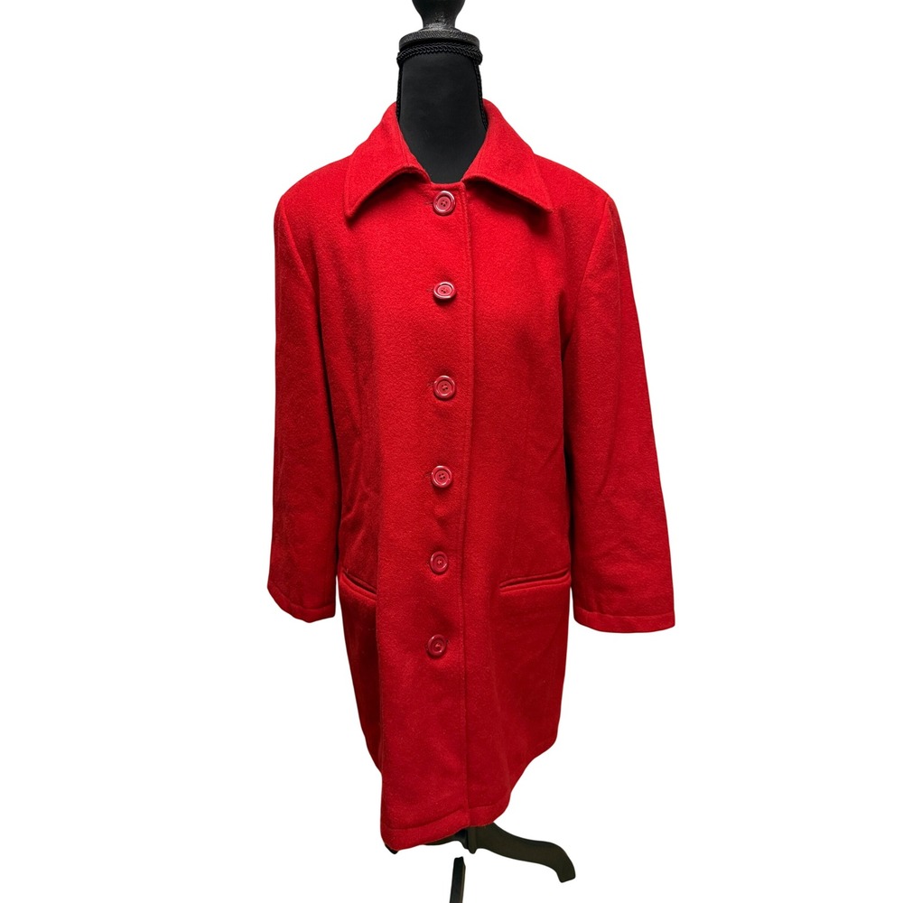 Harve Benard Red 100% Wool Button Front Mid Length Coat Jacket Womens 14 Warm